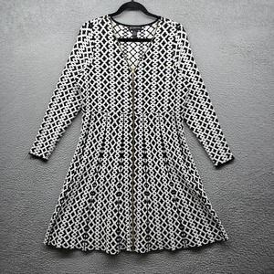 INC Women Dress Fit Flare Black White Geometric Knit Long Sleeve Zip Size 0X